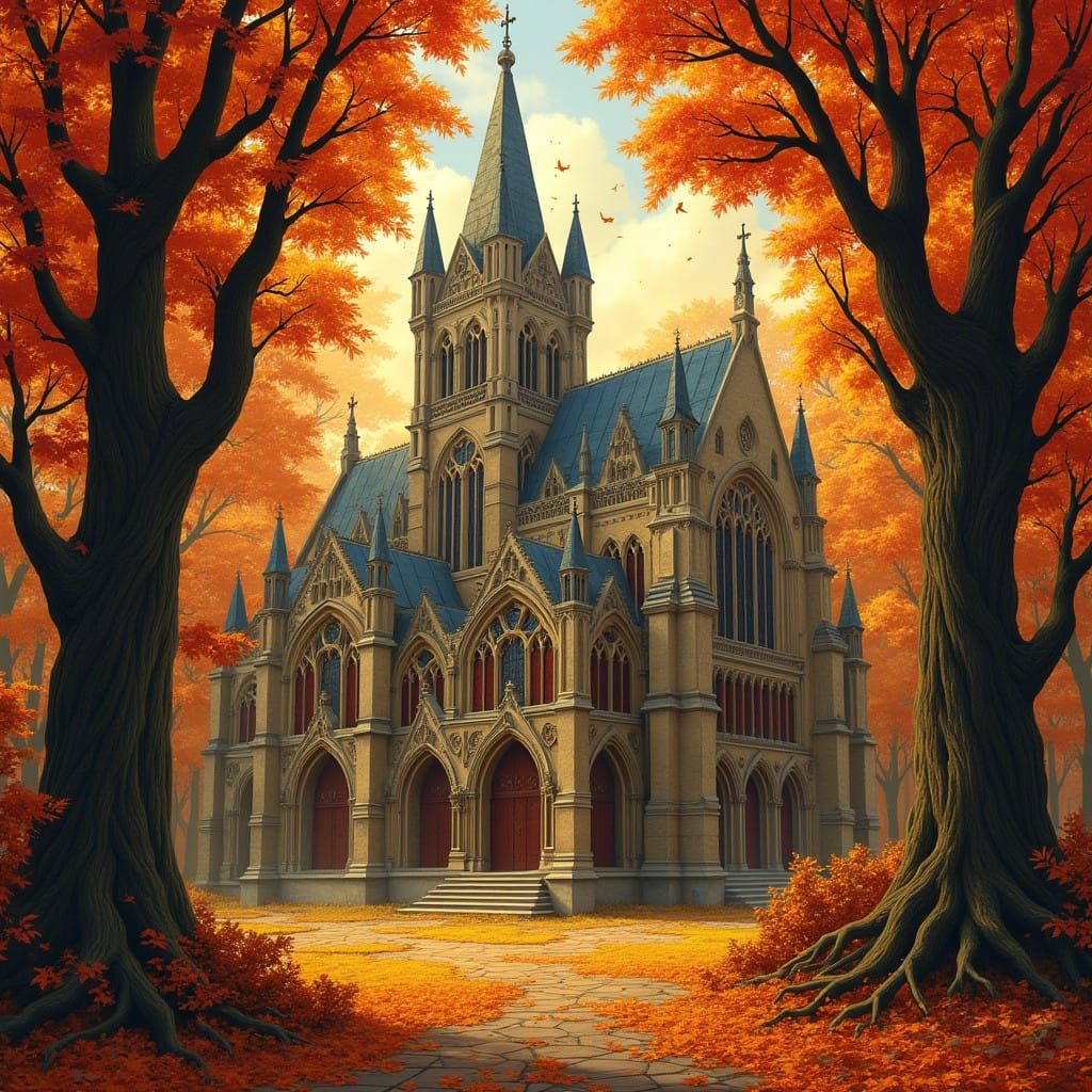 Autumn Cathedral in Grand Medieval Style with Rich Colors