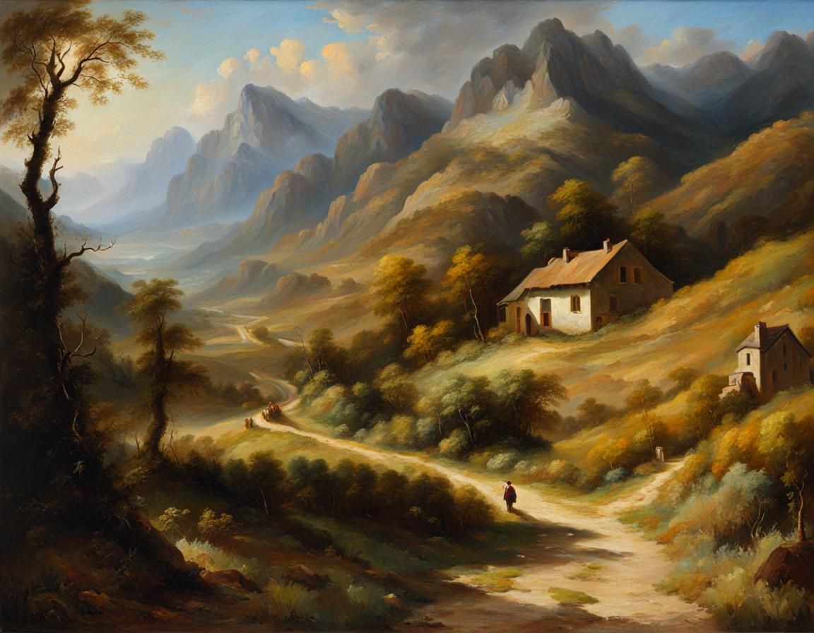 Idyllic Landscape in Rembrandt Style, Oil on Canvas