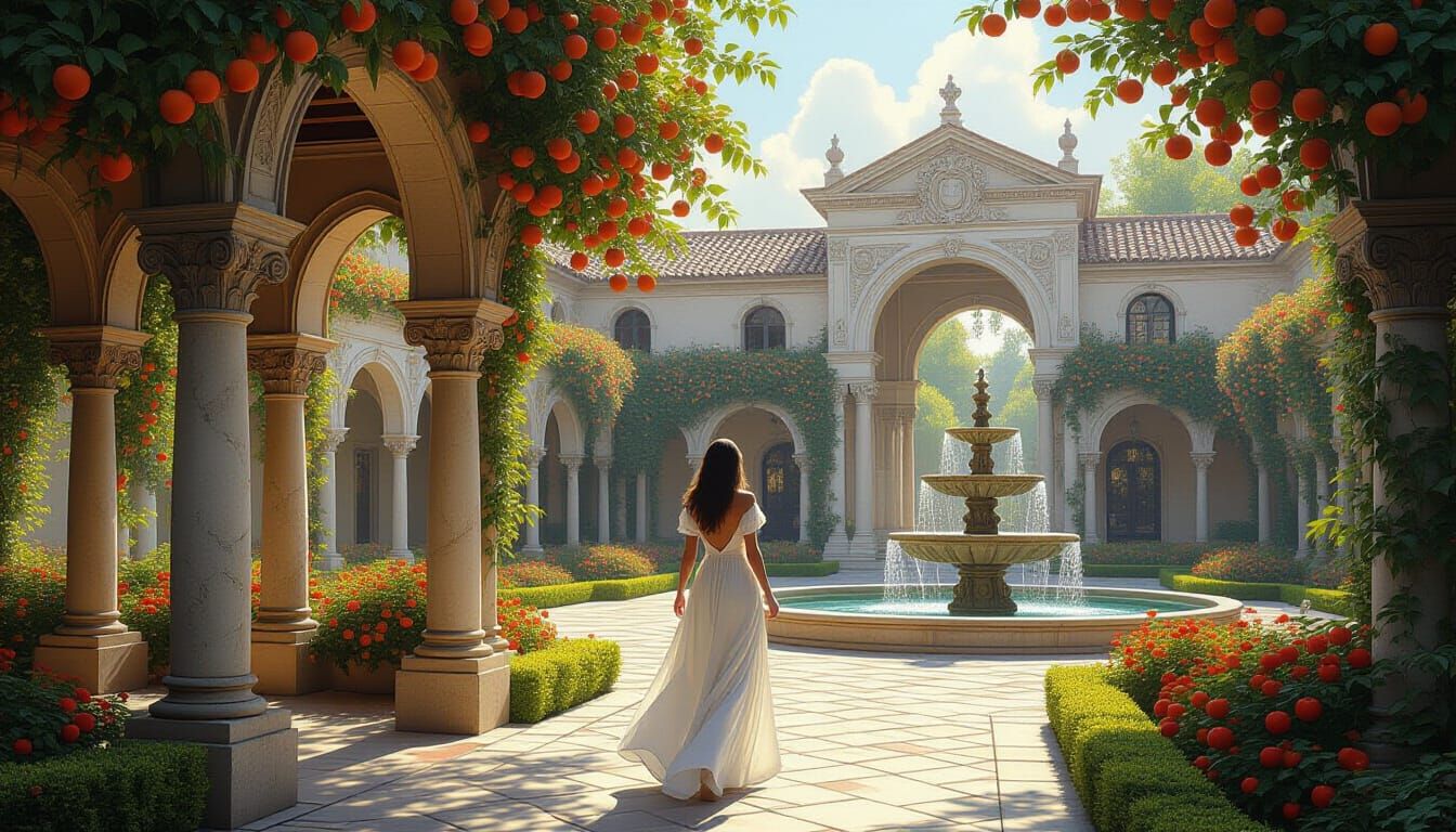 Woman in Lush Gardens with Old-World Architecture