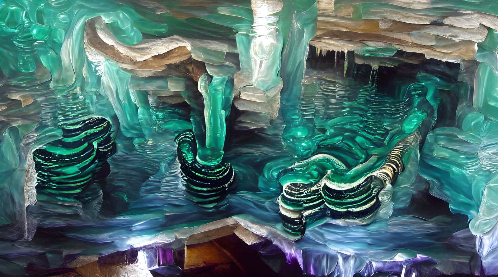Glistening Malachite Stalactites in Holographic Painting Sty...