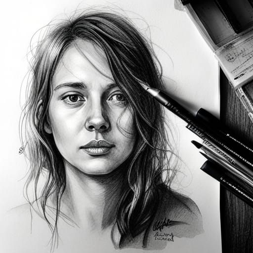 Detailed Ink Wash Drawing of Young Woman Artist