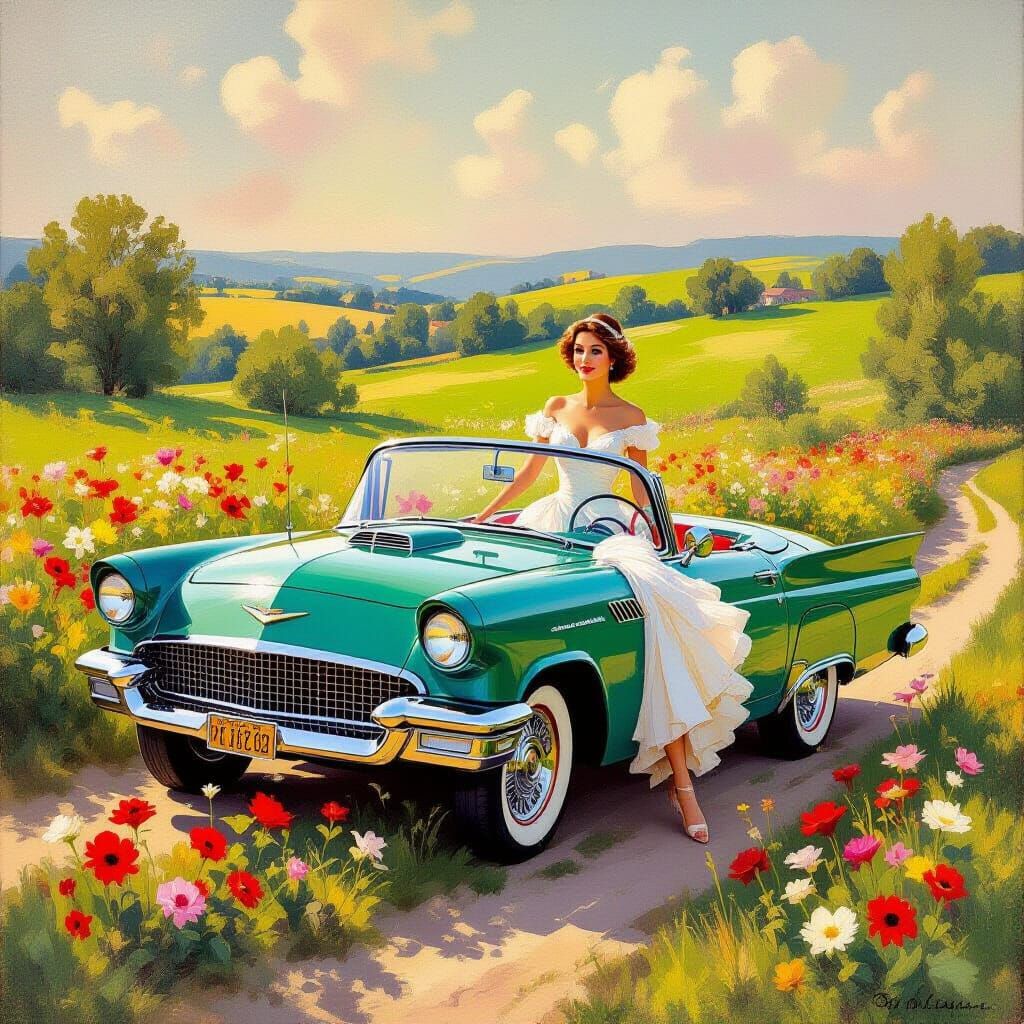 Graceful Woman Alights Vintage Car in Garden