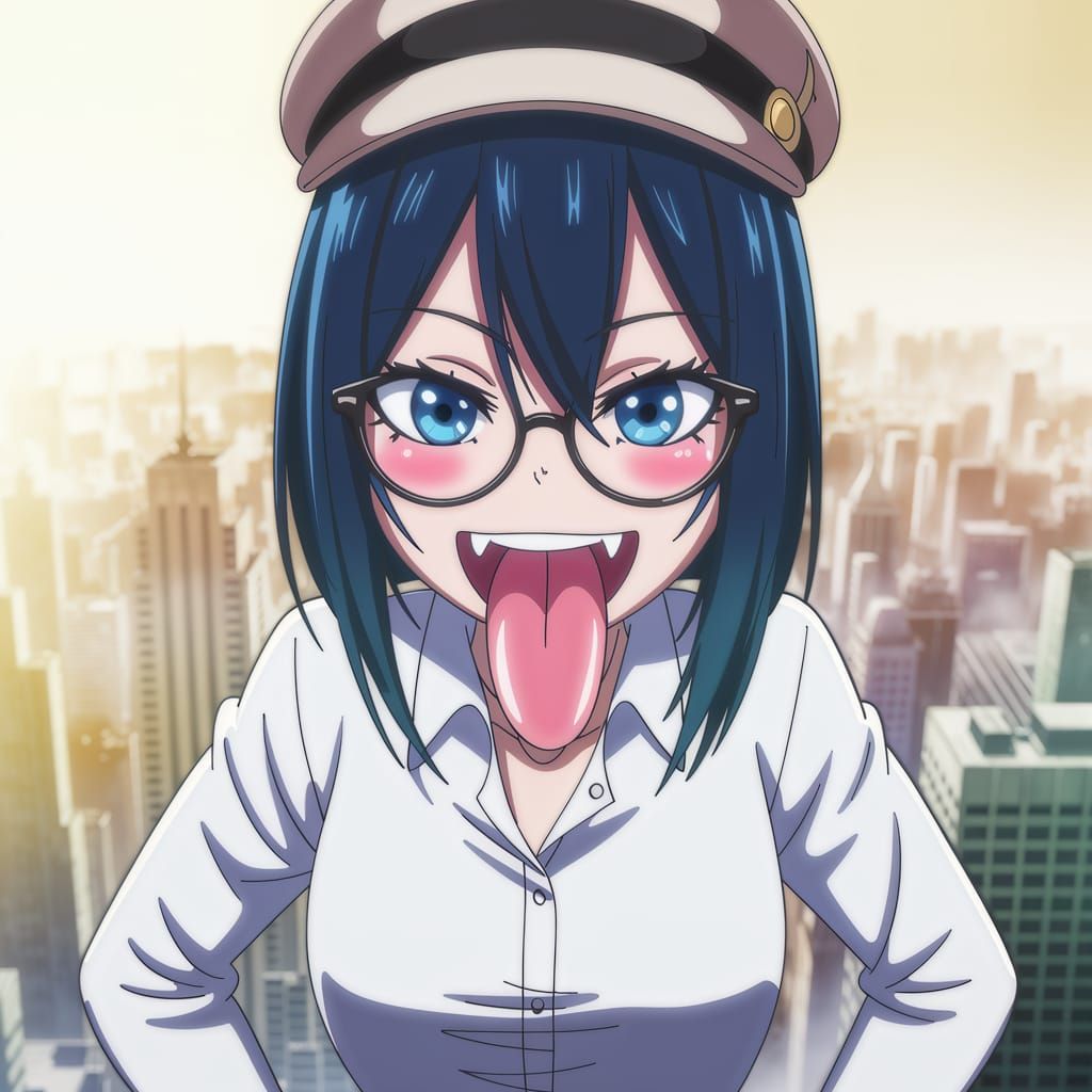 Confident Anime Girl with Dramatic Tongue and Glasses