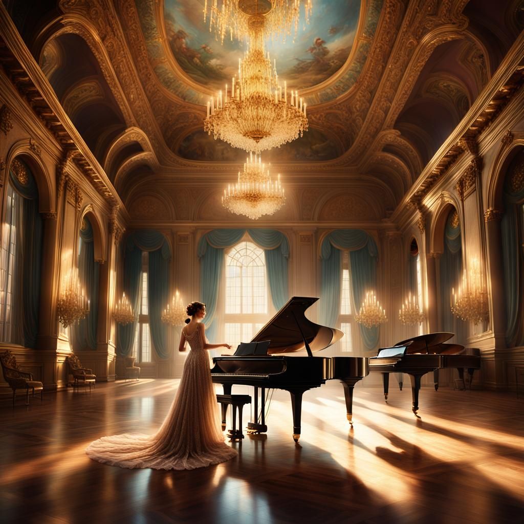 Woman Plays Piano in Grand Room: Matte Painting
