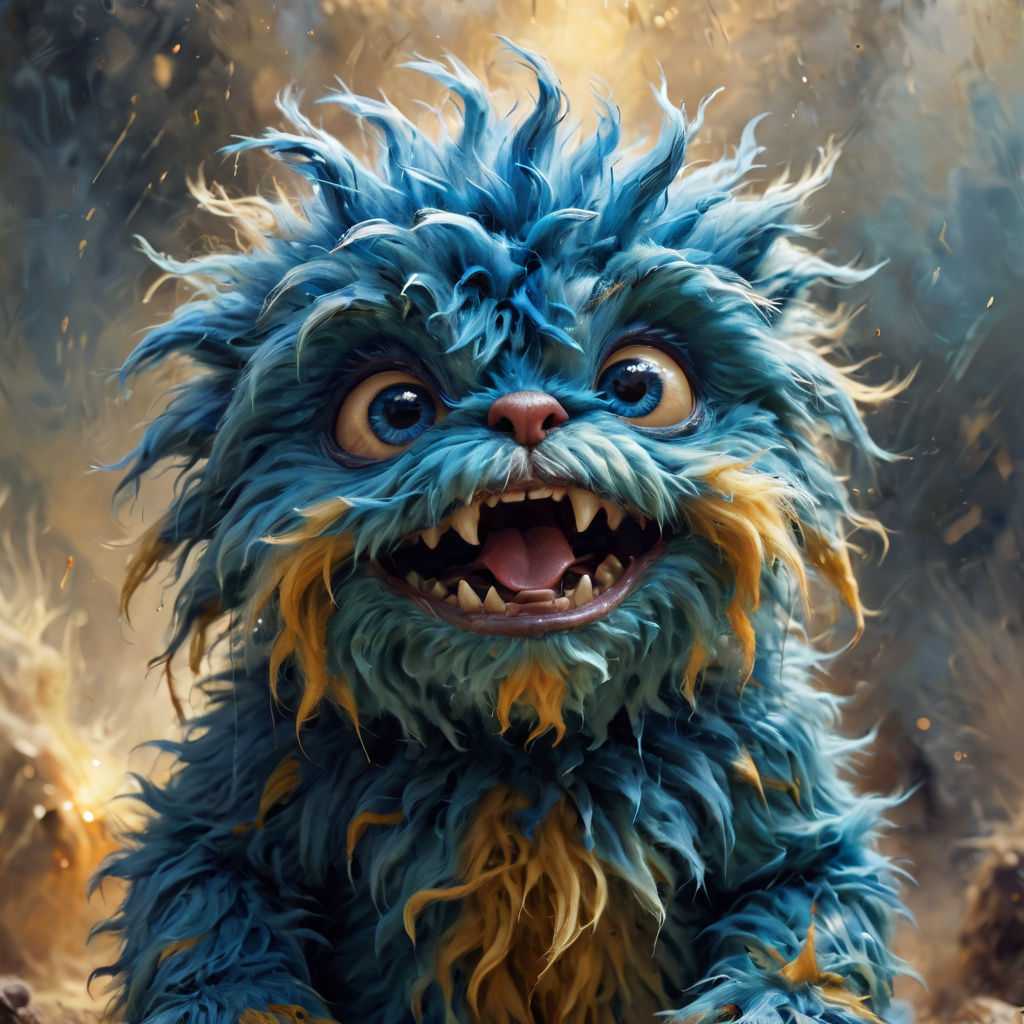 Scared Blue Furry Baby Monster in Impressionistic Style