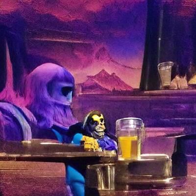 Skeletor Drinking Alone: Cartoon Bar Scene