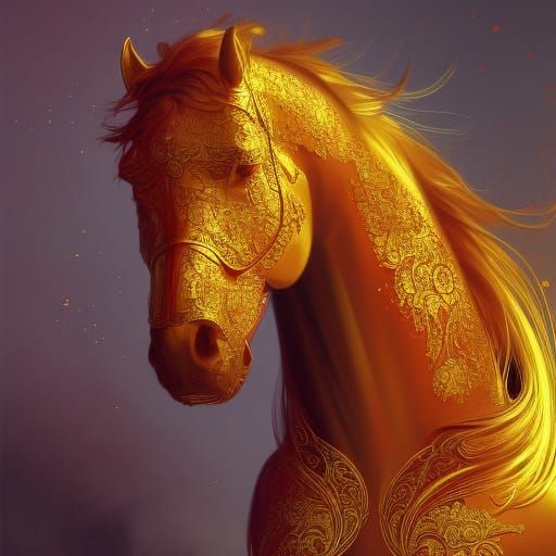 Red and Gold Horse Head Portrait, Splash Art