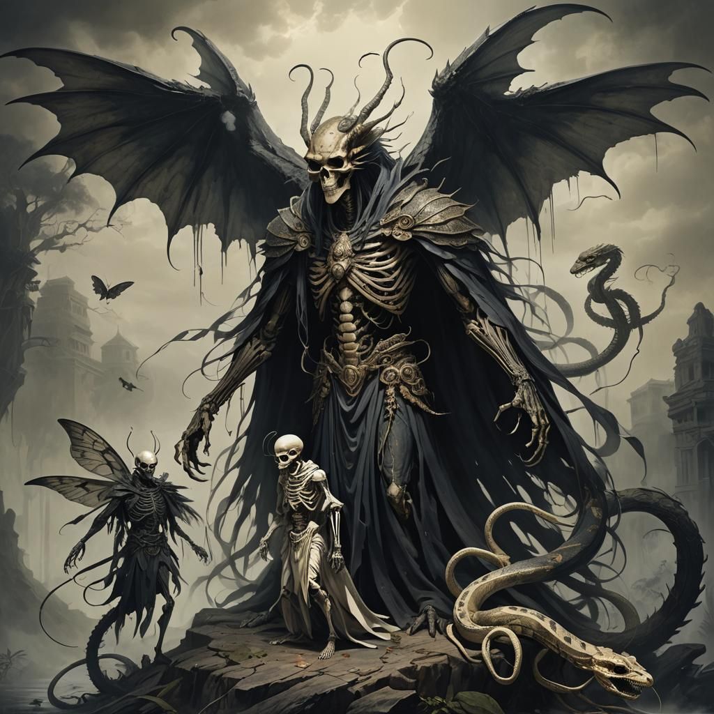 Dark Fantasy Scene with Winged Serpent and Skeletal Figures