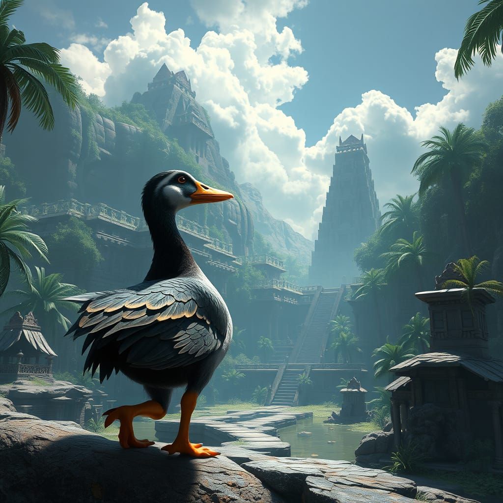 Duck Exploring Mayan Temple: Fantasy Concept Art