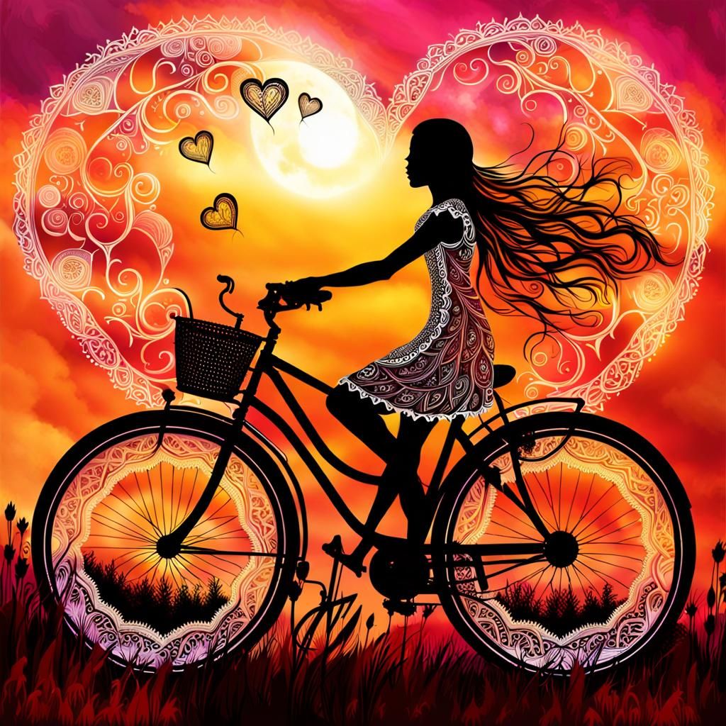 Magical Nymph Rides Heart-Filigree Bike at Sunset