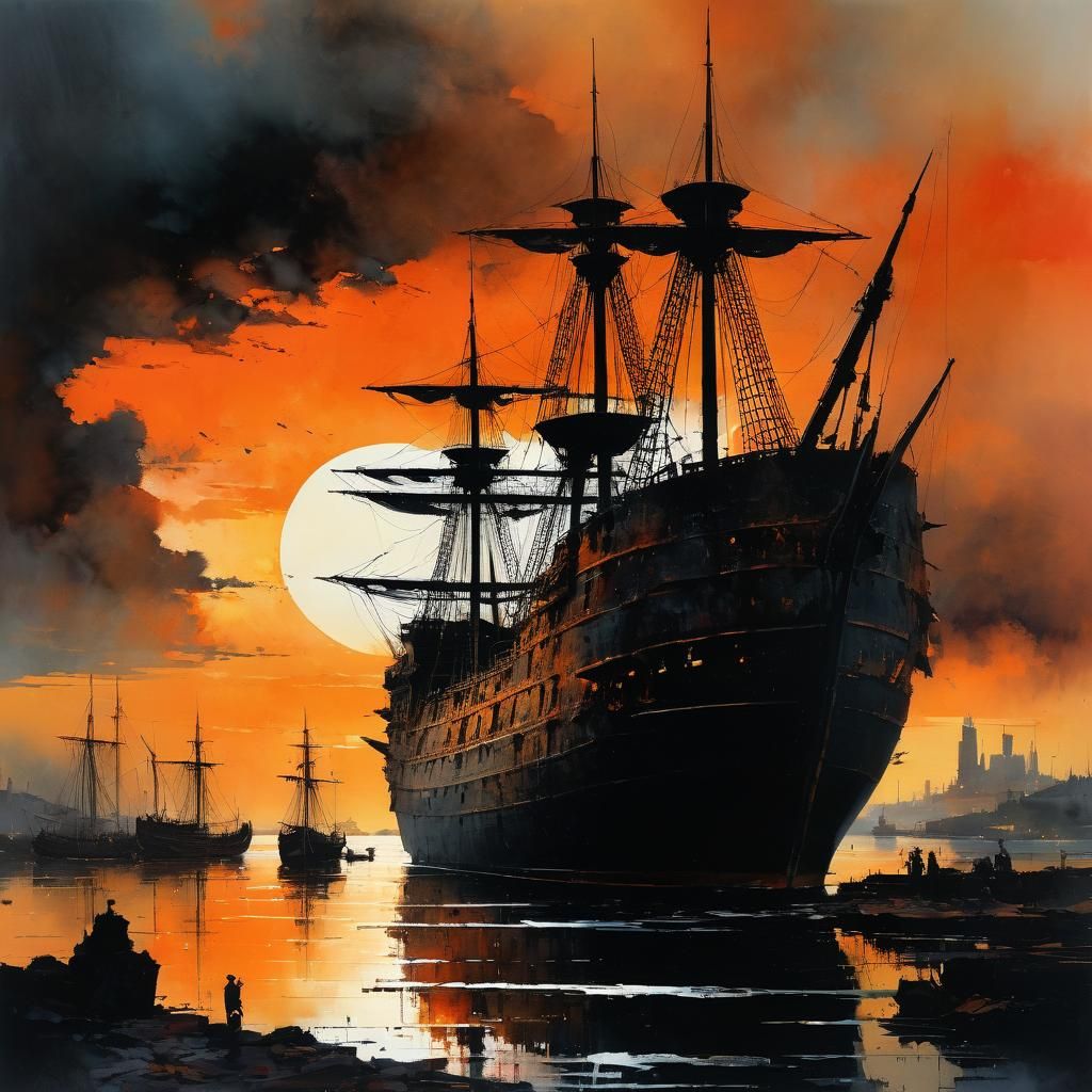 Ancient Ship at Sunset: Stylized Watercolor Harbor Scene