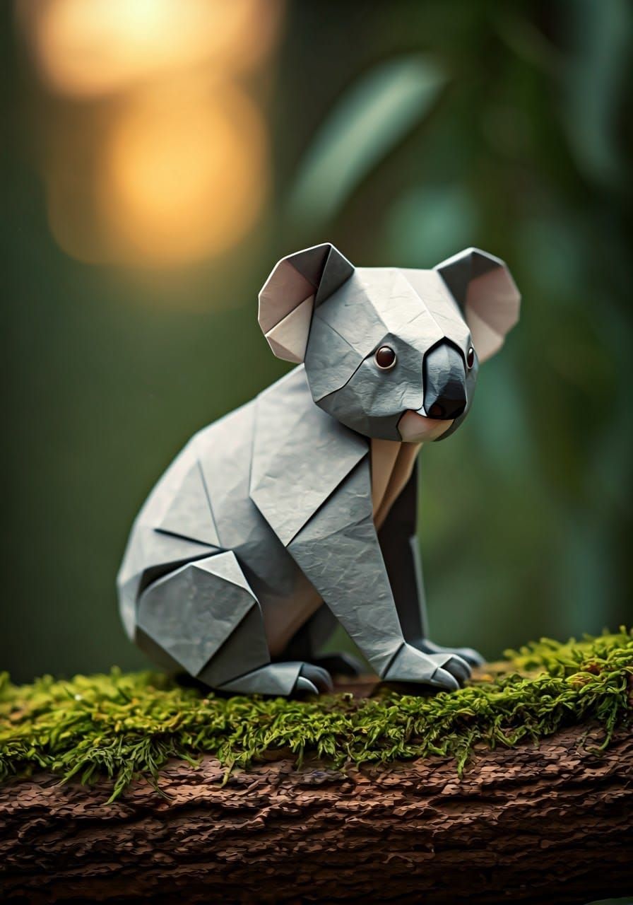 Intricate Origami Koala on Mossy Branch
