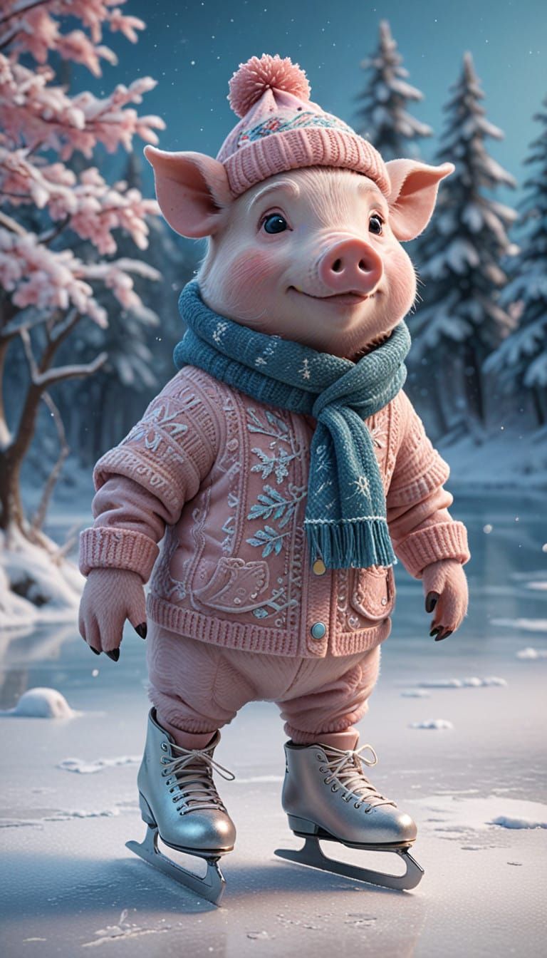 Whimsical Winter Wonderland Ice Skating Pig in 4K