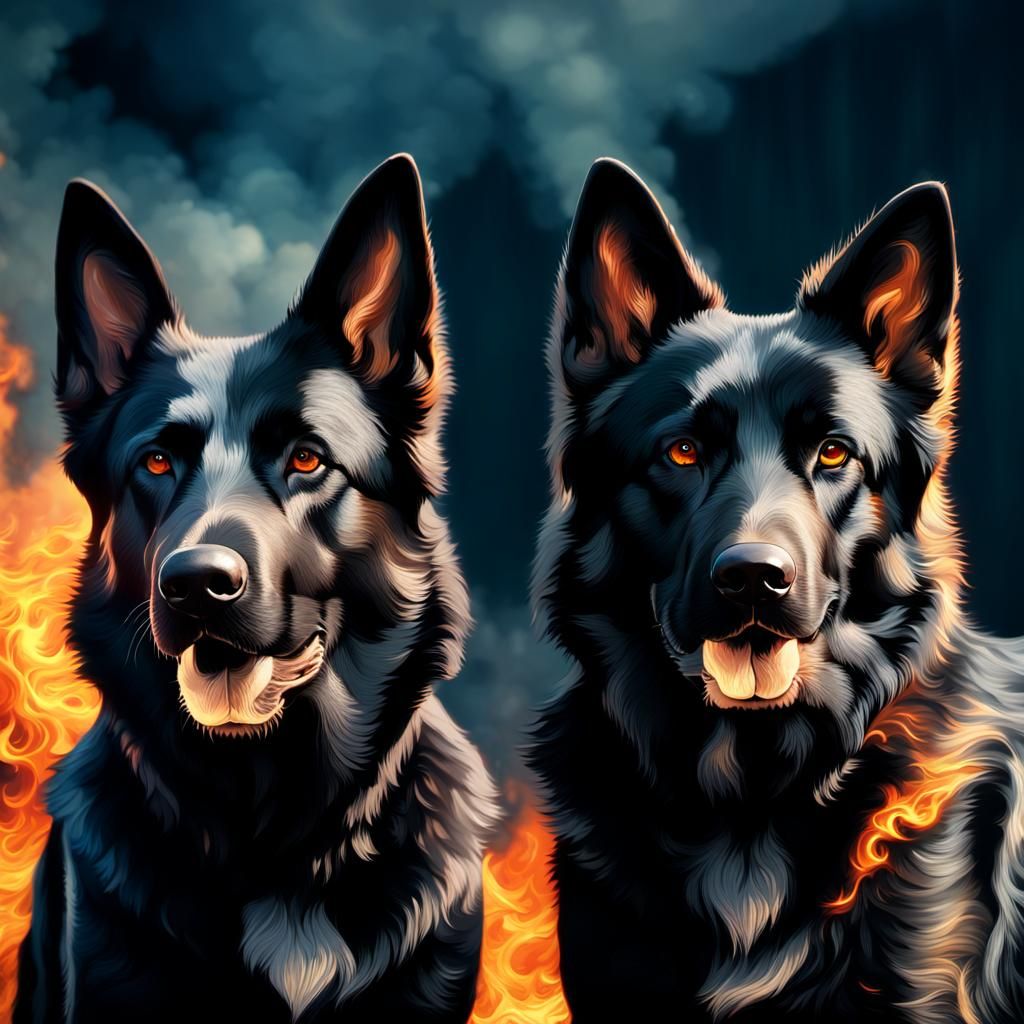 German Shepherds in Fiery Fantasy Art