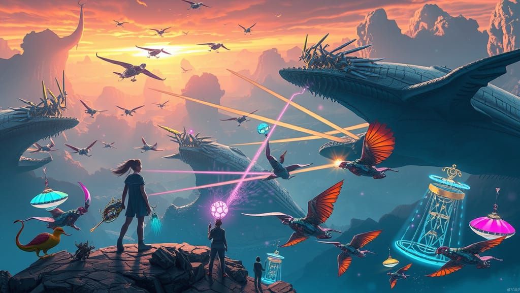 Dreamlike Air Realm with Majestic Monsters and Whimsical Aes...