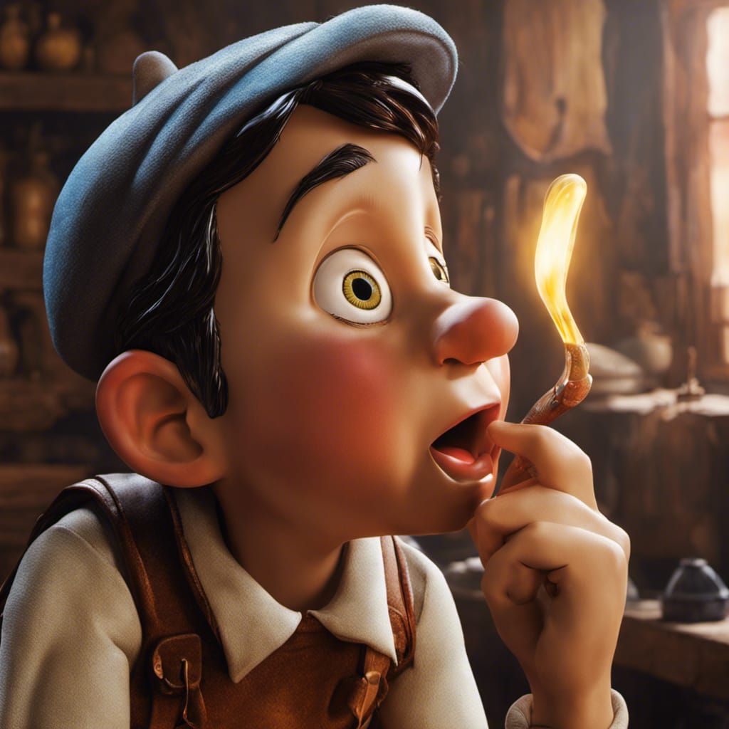 Hyperrealistic Pinocchio Lie in Workshop: Splash Art