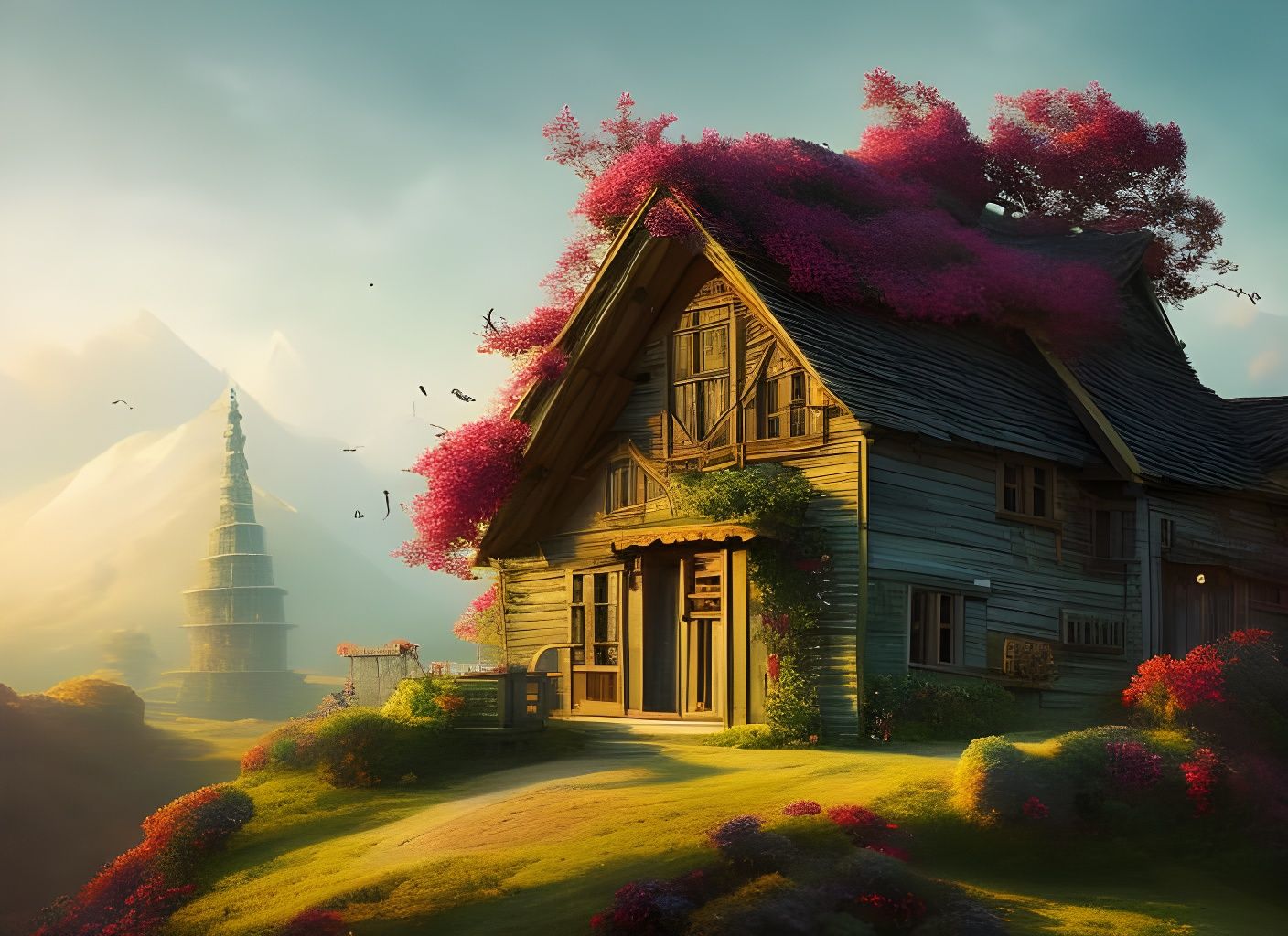 Surreal House with Sunset, Ink Artwork