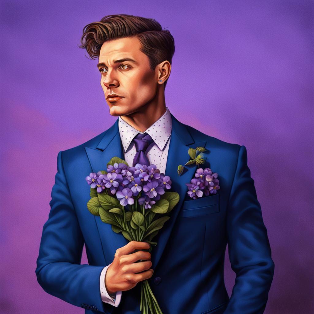 Butch Lesbian in Dapper Suit Holding Violets