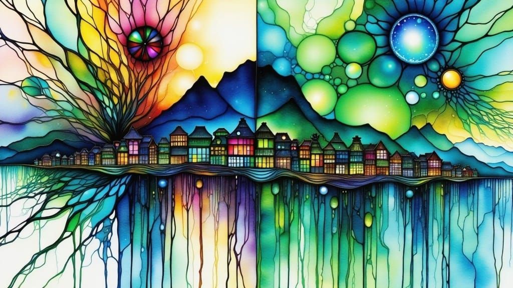 Surreal Japanese Village Ink Blot in Magic Style