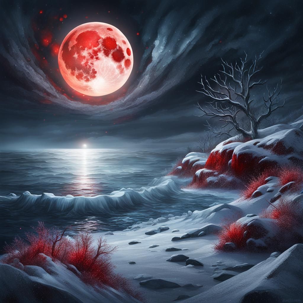 Blood Moon Over Frozen Ocean at Night