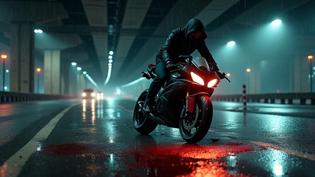 Mafia Man Stops Motorcycle in Rain: Film Noir Scene