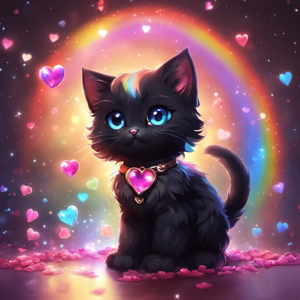 Adorable Black Kitten in Rainbow Aura: Digital Art