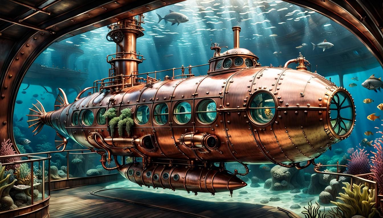 Steampunk Submarine Exploring Underwater World