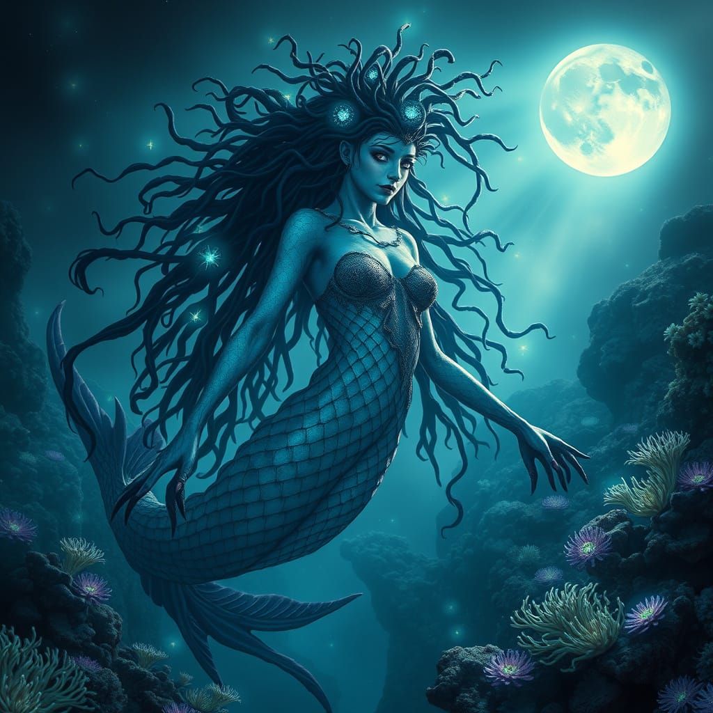 Shark Dryad Emerging from Bioluminescent Reef