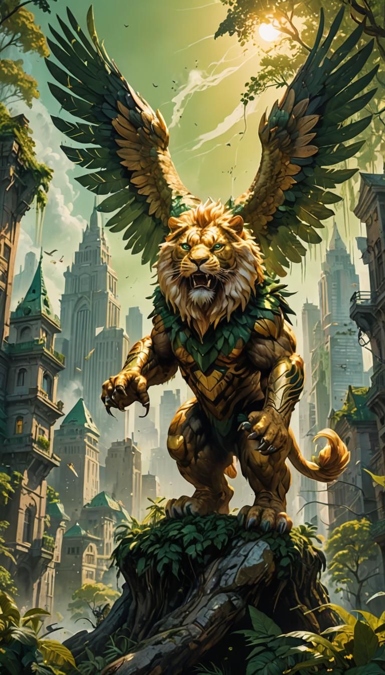 Golden Griffin Over Miniature City: Frazetta-Inspired Art