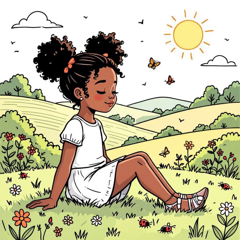 Black Girl Enjoys Nature Scene for Coloring Book