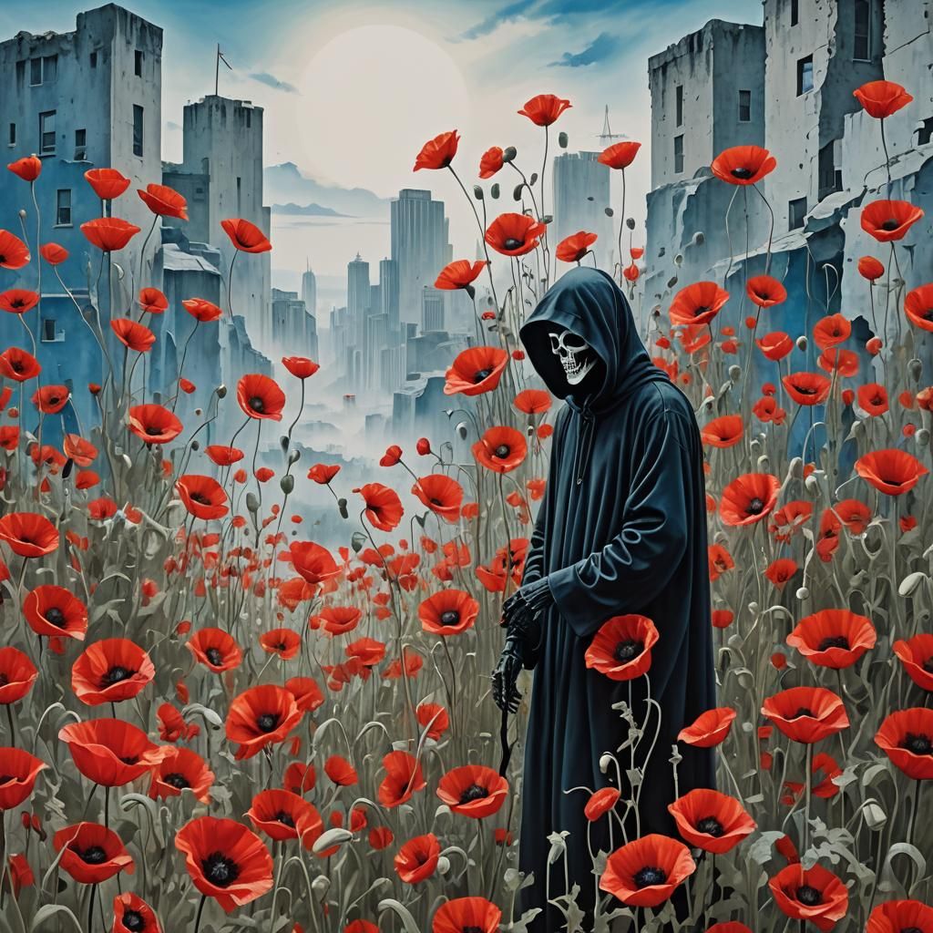 Teen Grim Reaper in Poppy Field, Matte Painting