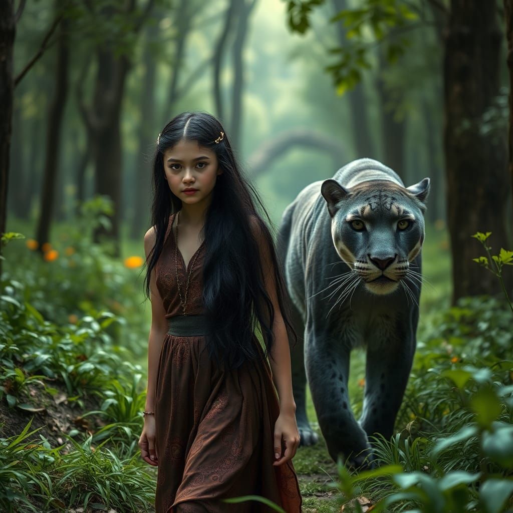 Girl and Panther in Magical Forest: Ultra-Realistic Photo