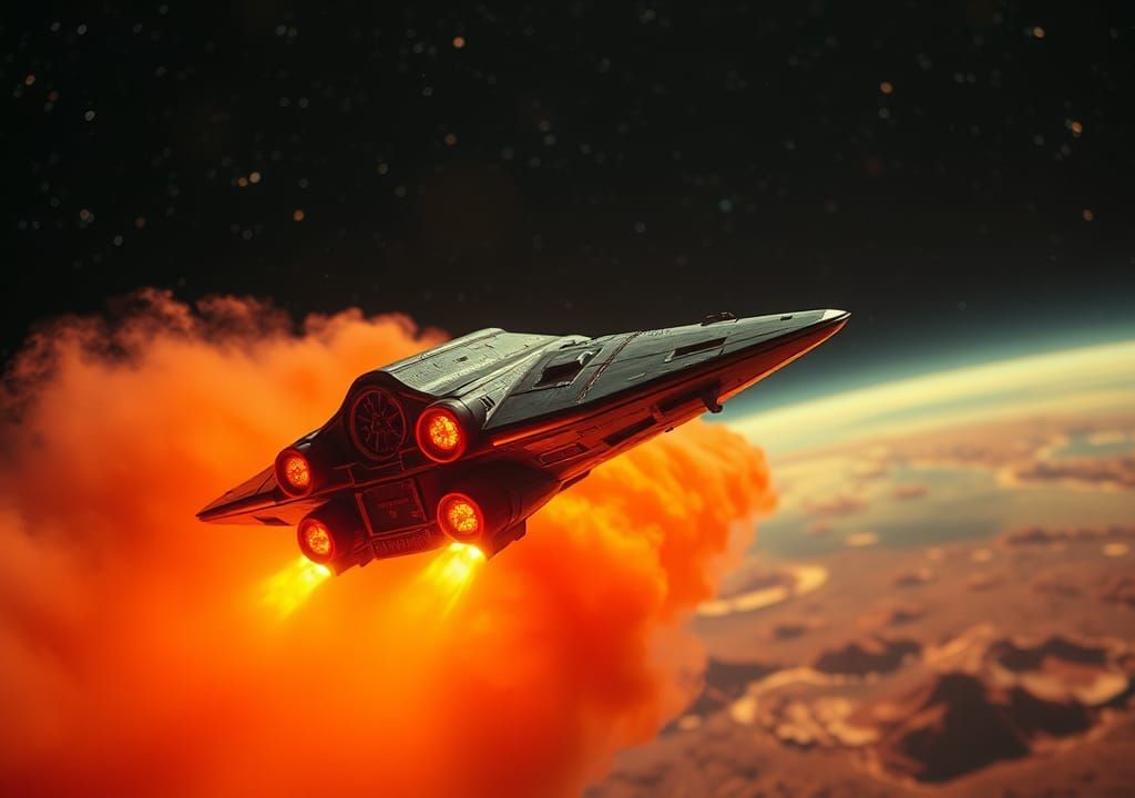 Retro Sci-Fi Spaceship Entering Atmosphere