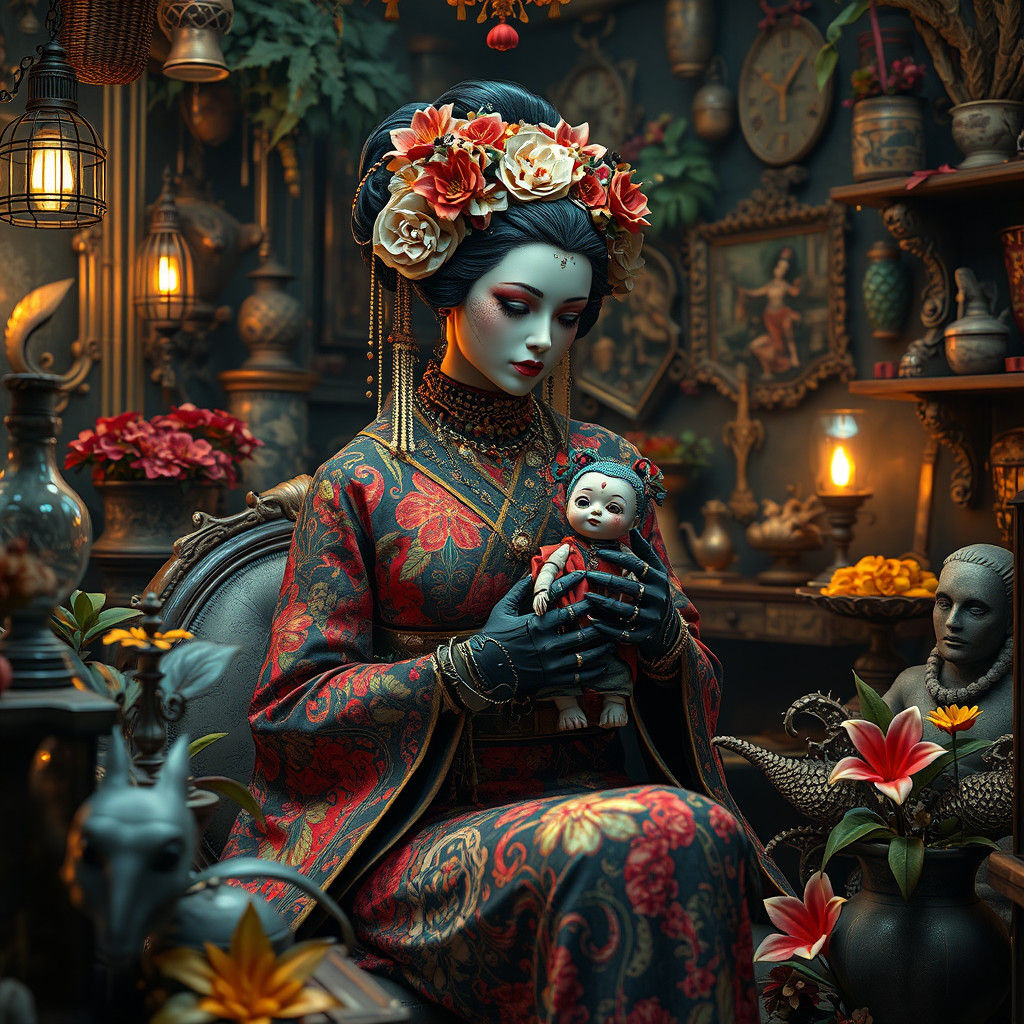 Cyberpunk Geisha in Klimt Gown with Voodoo Doll