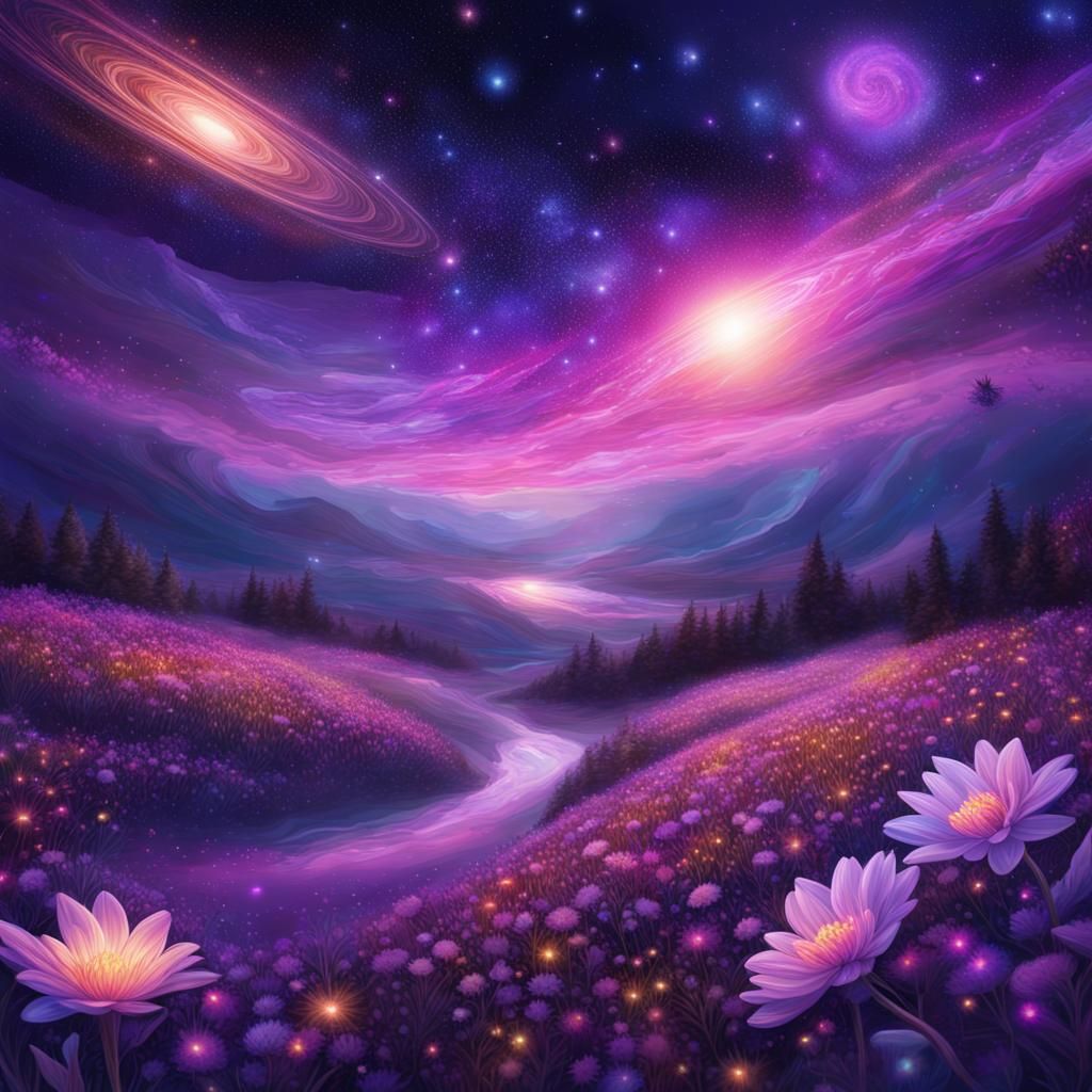 Galactic Flower Fields and Flowing Rivers at Night
