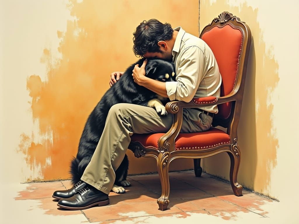 Border Collie Comforts Distressed Man: Watercolor Fantasy Ar...