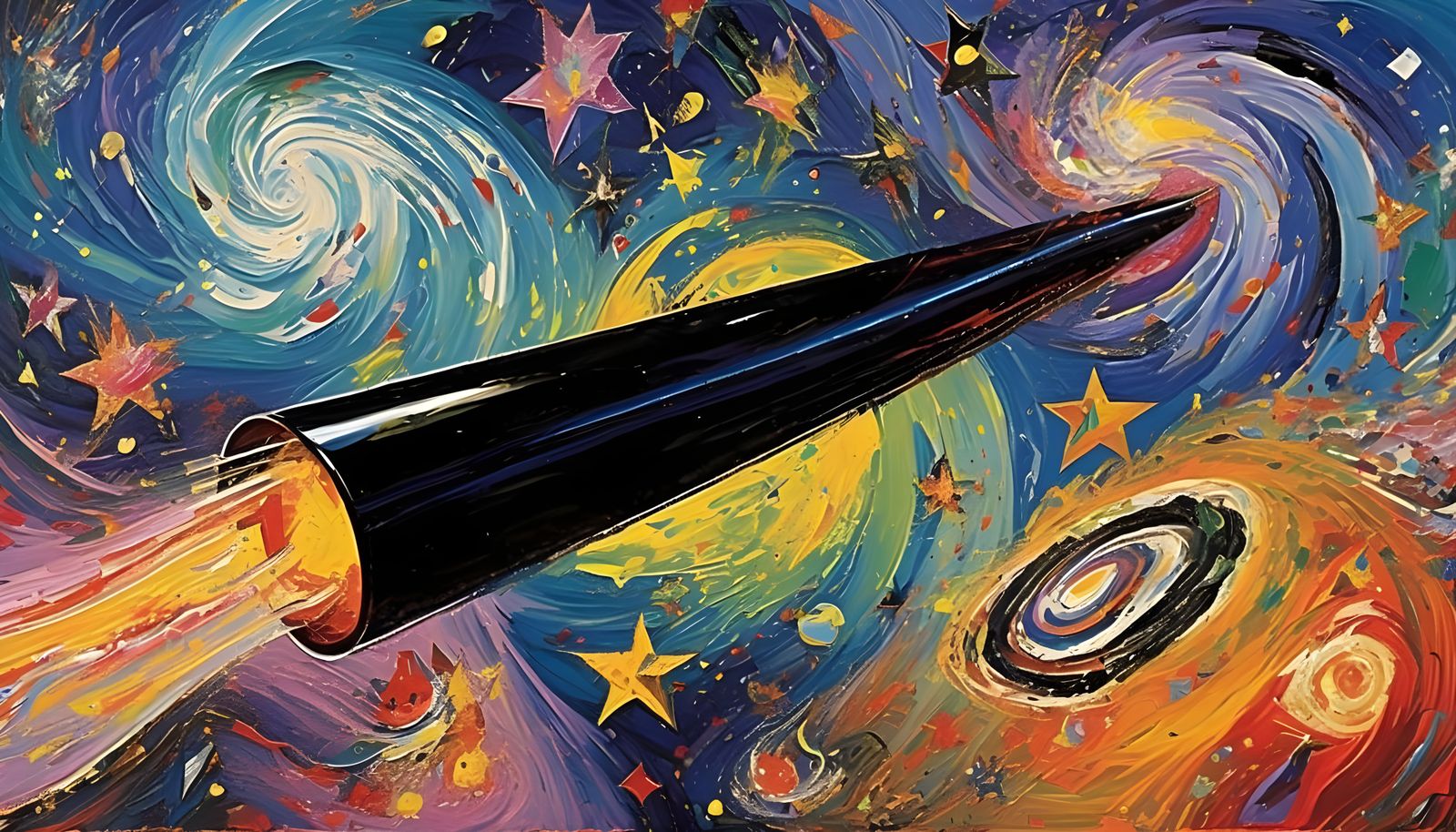 Sleek Mirror Cylinder in Cosmic Impasto Vortex