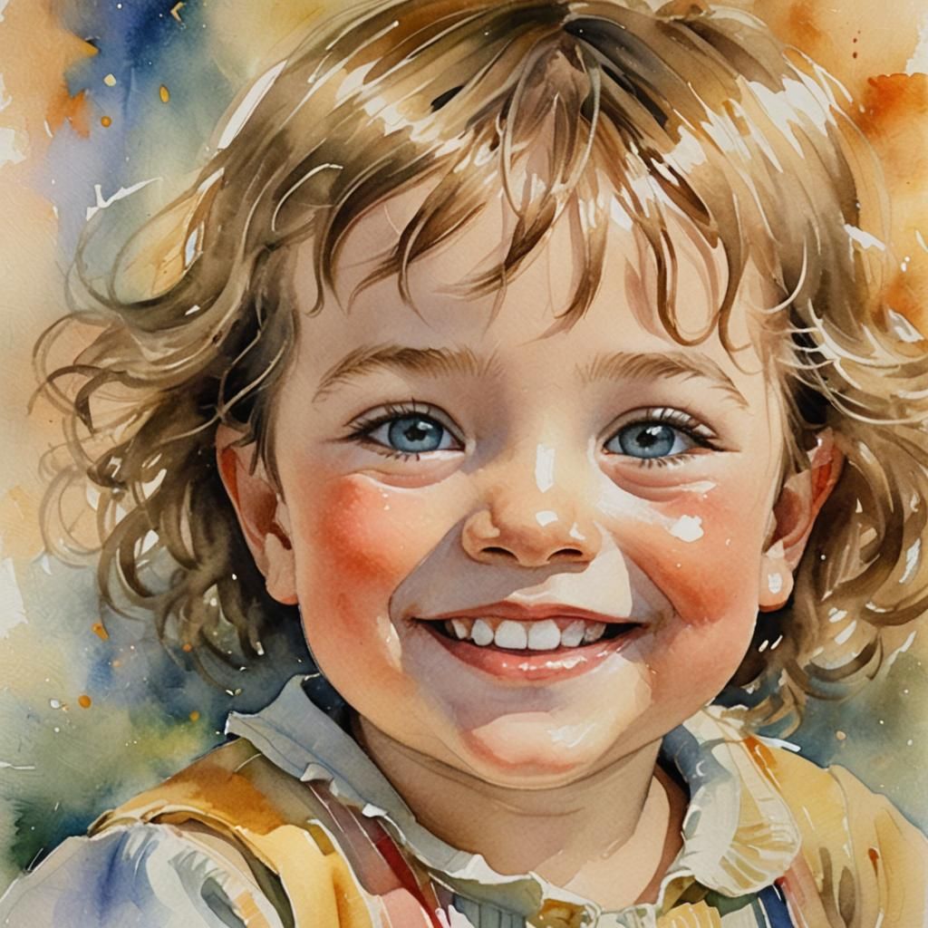 Smiling Toddler Portrait in Watercolor Style
