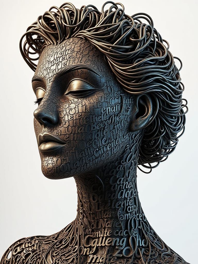 Surreal Portrait in Metallic Calligraphy Style