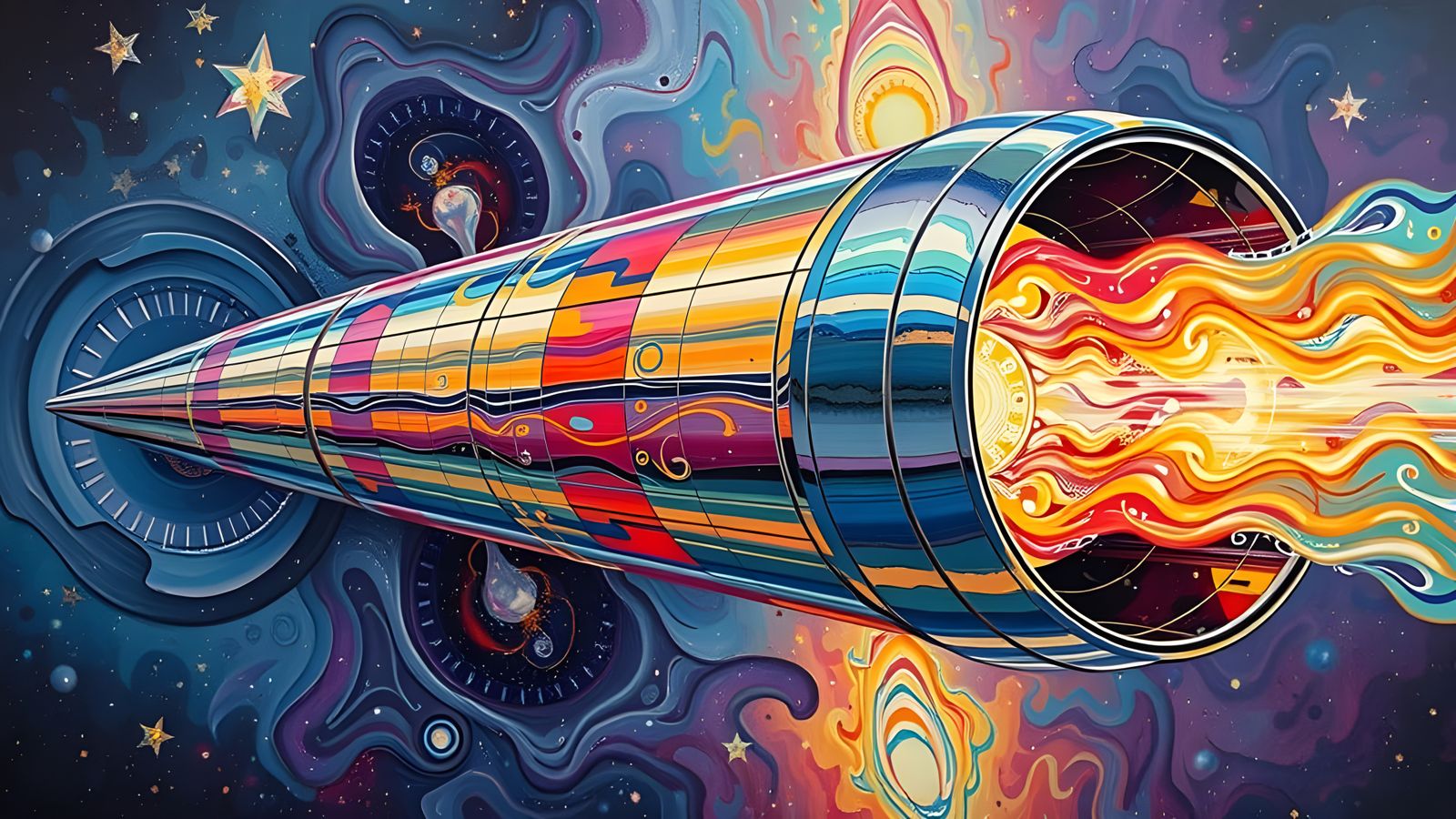 Iridescent Cylinder Soaring Through Impasto Cosmos