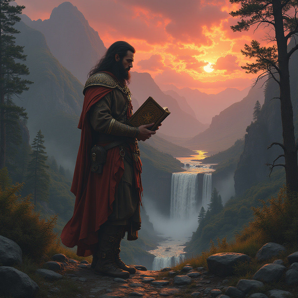 Fantasy Man with Mystical Book in Epic Landscape