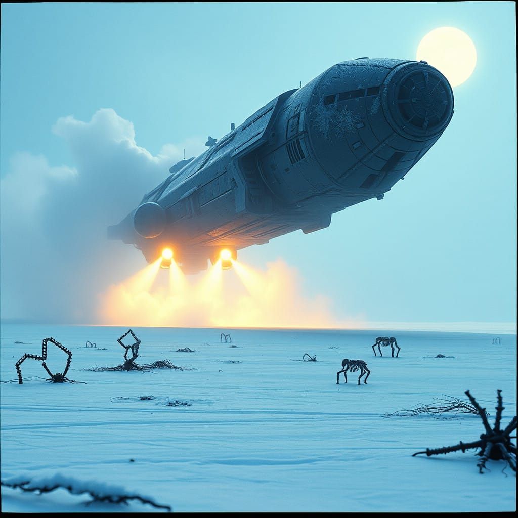 Cyberpunk Spaceship Lands on Frozen Planet