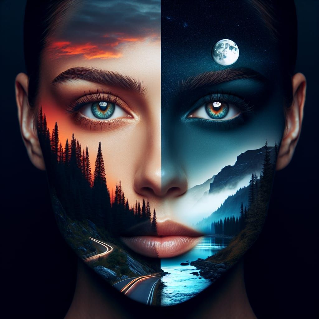 Surreal Double Exposure Portrait: Alpine Sunset Meets Moonli...
