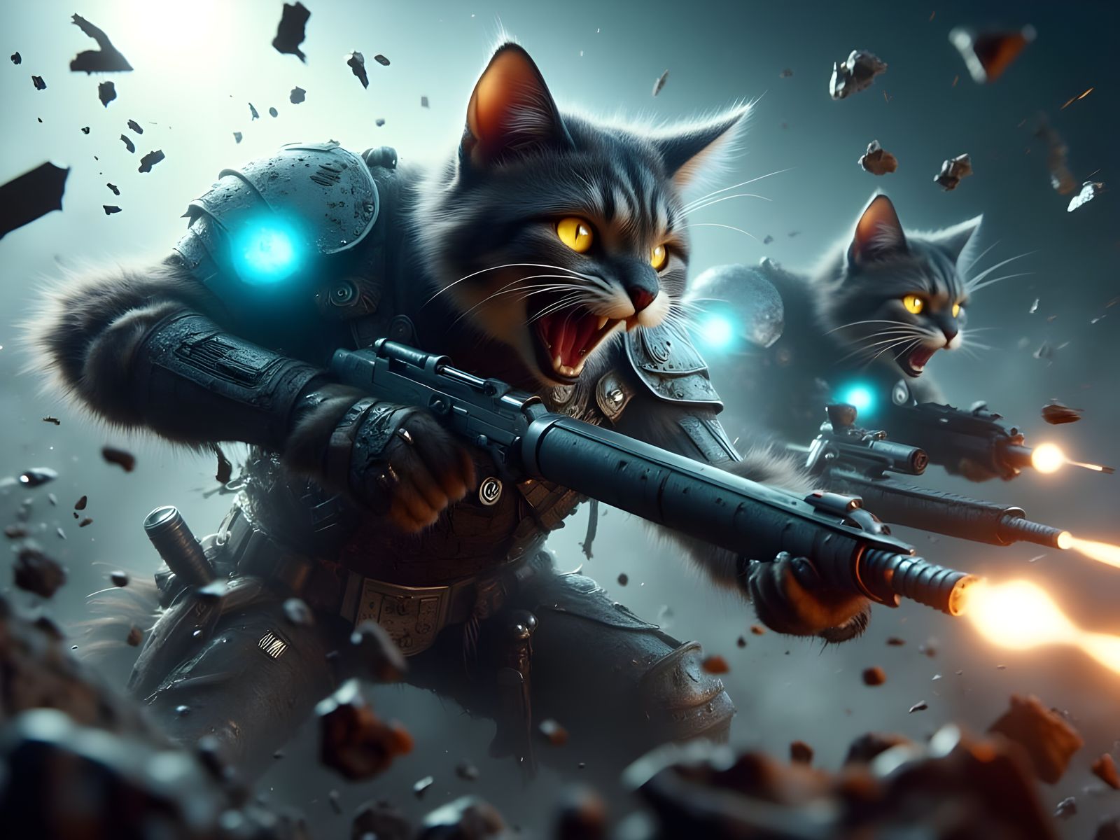 Gritty Feline Warriors Engage in Intense Space Battle in Fut...