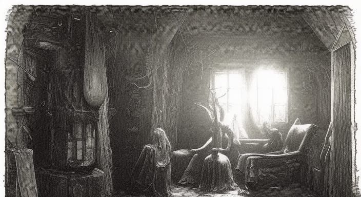 Creepy Witch Cabin Interior in Dark Horror Style