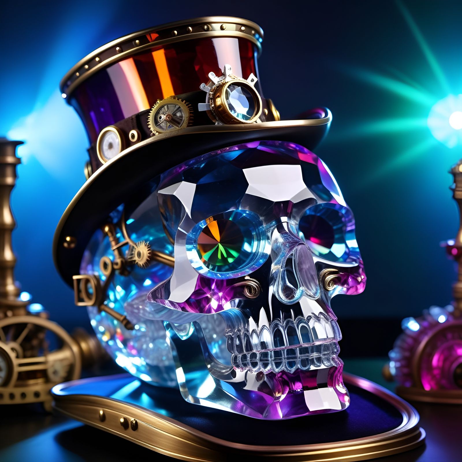 Steampunk Crystal Skull Sculpture in Faceted Glass