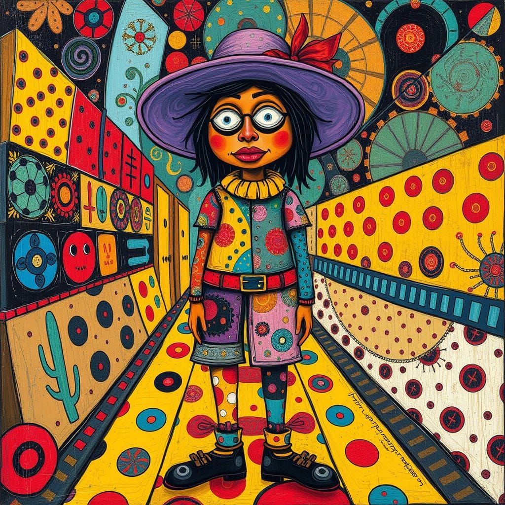 Vibrant Folk Art Character in Art Brut Style