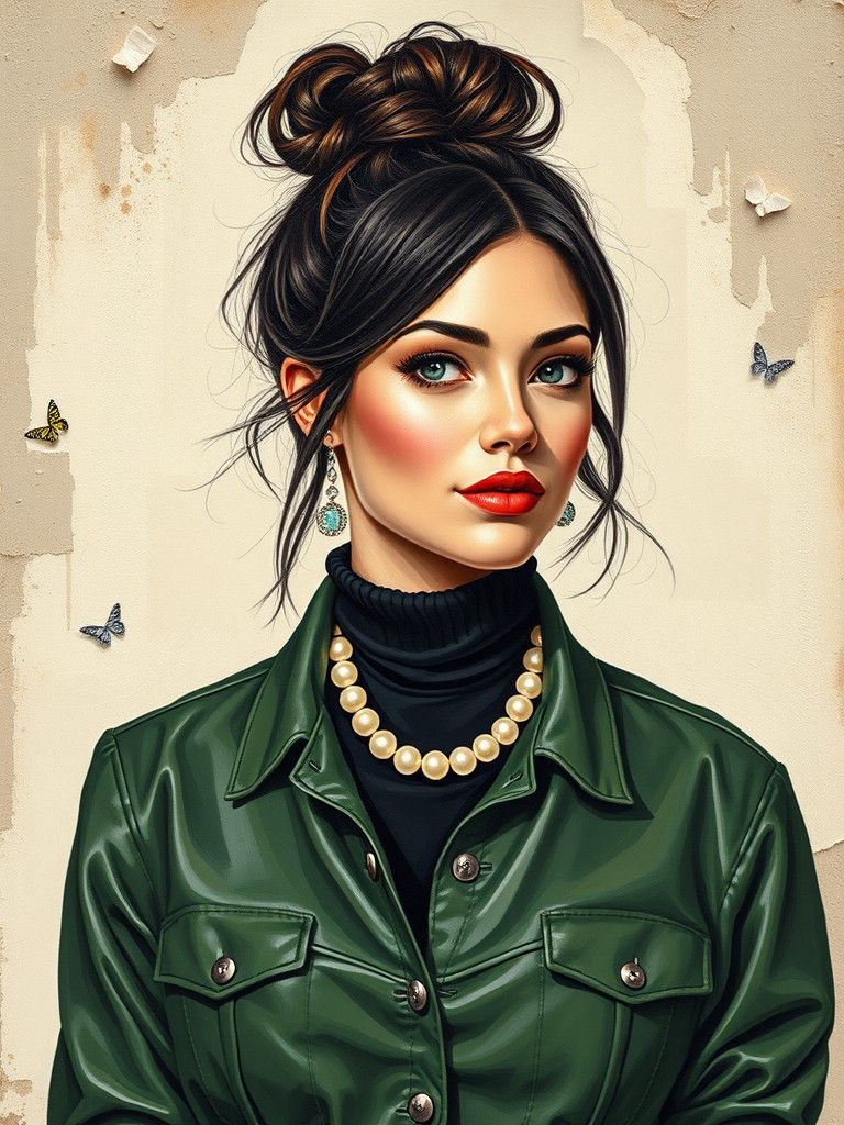 Oil Painting: Curvy Brunette in Green Leather