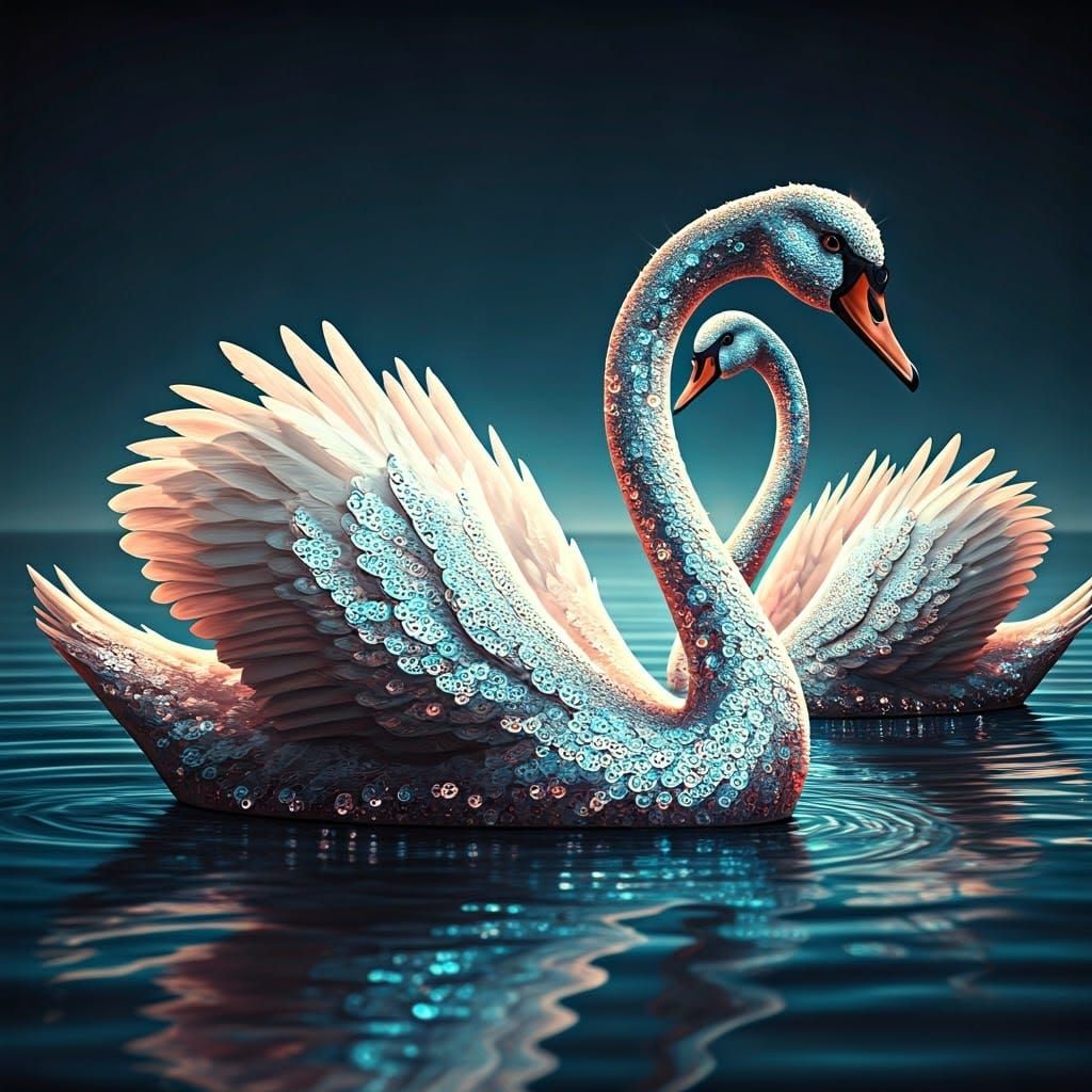 Ethereal Swans in Sequined Attire, Set Against a Dreamlike B...