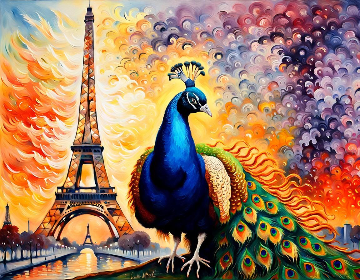 Peacock by Eiffel Tower: French Impressionist Oil Painting
